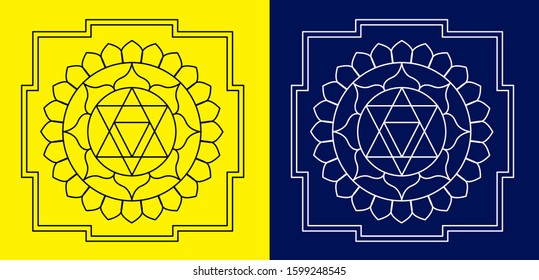 Sri Chakra design concept of Rangoli, Lotus flowers, petals and circles with Yellow and Pantom Blue background