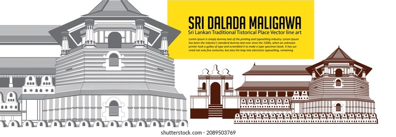 Sri Daladamaligawa, Sri Lankan Traditional Historical Place. line Art Vector.