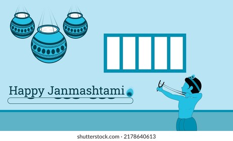 Sri Krishna with dahi handi on flat room background, Happy Janmashtami vector illustration.