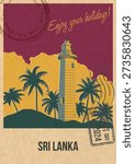 Sri Lanka Beacon Attraction Postcard, Galle Lighthouse Popular Place Illustration, Vector Template Retro Style Greeting Card. Vintage Colors, Aged Paper Texture
