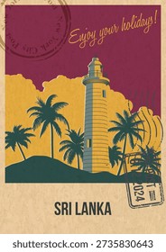 Sri Lanka Beacon Attraction Postcard, Galle Lighthouse Popular Place Illustration, Vector Template Retro Style Greeting Card. Vintage Colors, Aged Paper Texture