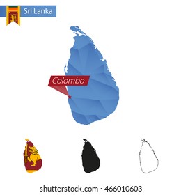 Sri Lanka blue Low Poly map with capital Colombo, versions with flag, black and outline. Vector Illustration.
