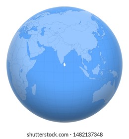 Sri Lanka (Ceylon) on the globe. Earth centered at the location of the Democratic Socialist Republic of Sri Lanka. Map of Sri Lanka. Includes layer with capital cities.
