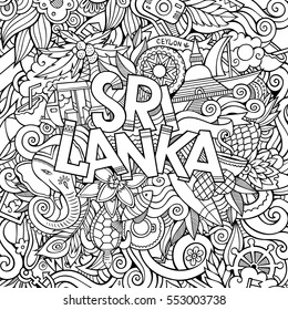 Sri Lanka country hand lettering and doodles elements and symbols background. Vector hand drawn sketchy illustration