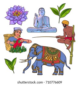 Sri Lanka country symbol set - water lily, Buddha statue, elephant, green tea, stilt fishing, cartoon vector illustration isolated on white background. Set of hand drawn Sri Lanka cultural symbols