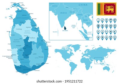 Sri Lanka detailed administrative blue map with country flag and location on the world map.