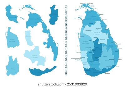 Sri Lanka - mapa detalhado do país em cores azuis, dividido em regiões. Ícones infográficos. Ilustração vetorial.