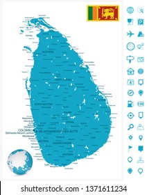 Sri Lanka Detailed Map and Map Navigation Set - High detail map of Sri Lanka - All elements are separated in editable layers clearly labeled - Vector illustration.