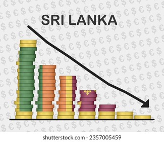 Sri Lanka economic collapse, decreasing values with coins, crisis and downgrade concept, Sri Lanka flag with changes, falling arrow, news banner idea, fail and decrease, financial decline