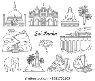 Sri Lanka famous tourist world landmarks icons set drawn in black line, sketch cartoon vector illustration isolated on white background. Elements of travel places.