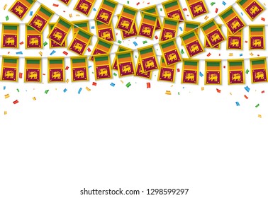 Bandera de Sri Lanka de fondo de guirnalda con confeti, pancarta con la plantilla de celebración del Día de la Independencia, ilustración vectorial