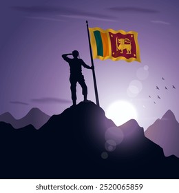 Sri Lanka Flag hoisted on a mountain peak with a purplish sunset in the background, vector illustration