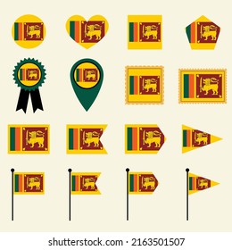 Icono de la bandera de Sri Lanka establecido en 16 versiones de forma. Colección de iconos de la bandera de Sri Lanka con formas cuadradas, redondas, corazón, triángulo, medallas, sellos y ubicaciones.