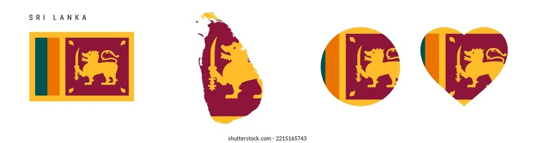 Sri Lanka flag icon set. Sri lankan pennant in official colors and proportions. Rectangular, map-shaped, circle and heart-shaped. Flat vector illustration isolated on white.