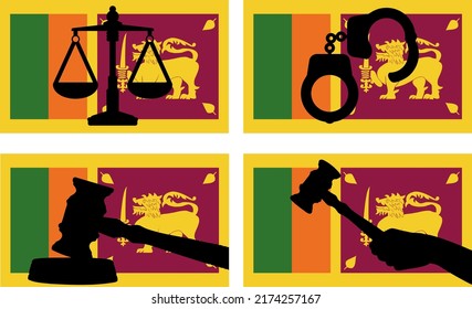 Sri Lanka flag with justice vector silhouette, judge gavel hammer and scales of justice and handcuff silhouette on country flag, Sri Lanka law concept, design asset, freedom idea