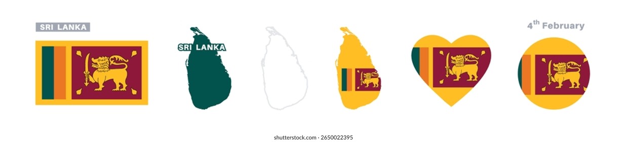sri lanka flag and map set. sri lanka flag in official colors and proportions. independence day 4 february , map, circle and heart shaped sri lanka