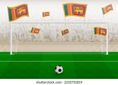 Sri Lanka football team fans with flags of Sri Lanka cheering on stadium, penalty kick concept in a soccer match. Sports vector illustration.