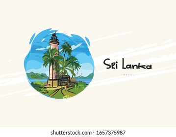 Sri Lanka. Galle. Exotic circle icon sea view seascape on little lighthouses in sea road near ocean. Poster, postcard, calendar.