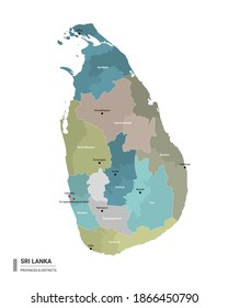 Sri Lanka higt detailed map with subdivisions. Administrative map of Sri Lanka with districts and cities name, colored by states and administrative districts. Vector illustration.