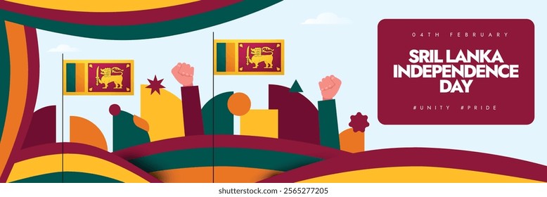 Sri Lanka Independence day. 4th February Sri Lanka day celebration cover banner with its flags, abstract art elements in flag colours, hand fits in air. The day celebrated for its freedom in 1948.