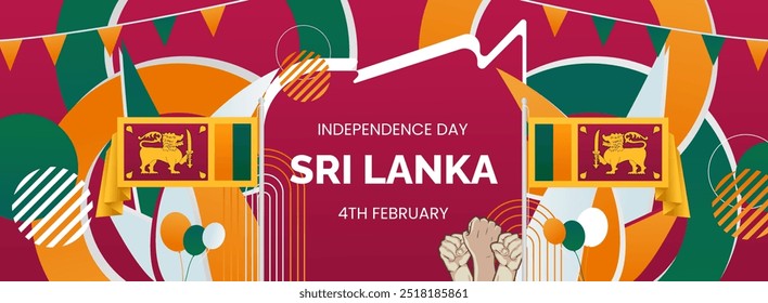 Sri Lanka Independence day banner. Latest horizontal poster with Sri Lanka flag, raised fist and typography. Great background for national day greeting cards, holidays, sport events and web header