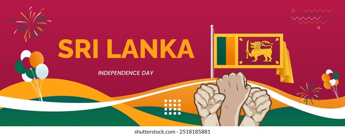 Sri Lanka Independence day banner. Latest horizontal poster with Sri Lanka flag, raised fist and typography. Great background for national day greeting cards, holidays, sport events and web header