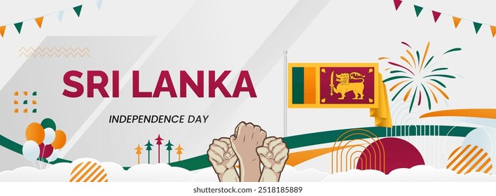 Sri Lanka Independence day banner. Latest horizontal poster with Sri Lanka flag, raised fist and typography. Great background for national day greeting cards, holidays, sport events and web header