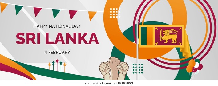 Sri Lanka Independence day banner. Latest horizontal poster with Sri Lanka flag, raised fist and typography. Great background for national day greeting cards, holidays, sport events and web header