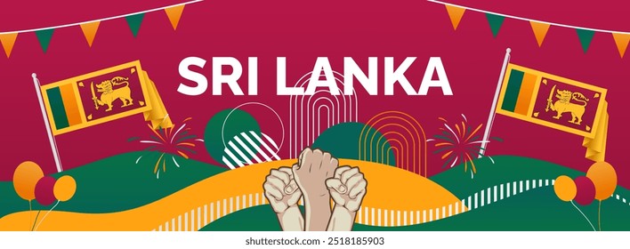 Sri Lanka Independence day banner. Latest horizontal poster with Sri Lanka flag, raised fist and typography. Great background for national day greeting cards, holidays, sport events and web header