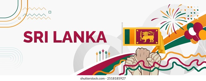 Sri Lanka Independence day banner. Latest horizontal poster with Sri Lanka flag, raised fist and typography. Great background for national day greeting cards, holidays, sport events and web header