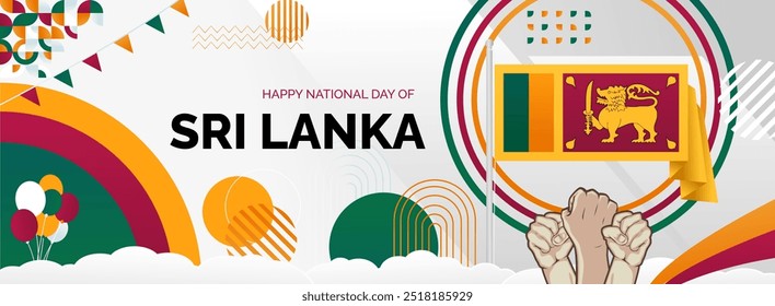 Sri Lanka Independence day banner. Latest horizontal poster with Sri Lanka flag, raised fist and typography. Great background for national day greeting cards, holidays, sport events and web header