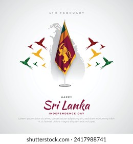 Sri Lanka Independence Day Post and Greeting Card. Happy Independence Day of Sri Lanka with Text, Skyline and Origami Birds Vector Illustration