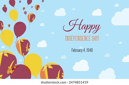 Sri Lanka Independence Day Sparkling Patriotic Poster. Row of Balloons in Colors of the Sri Lankan Flag. Greeting Card with National Flags, Blue Skyes and Clouds.