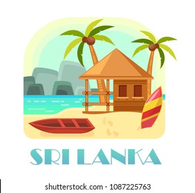 Sri Lanka island with sand beach and boat, hut