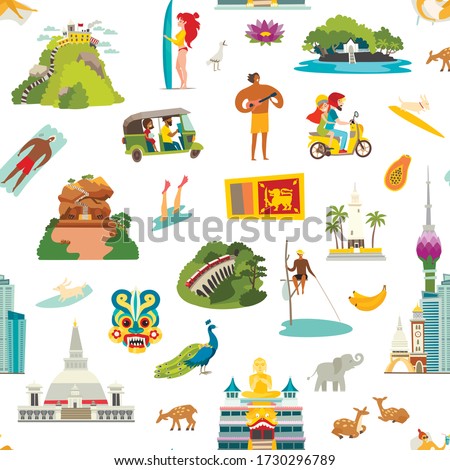 Sri Lanka landmarks seamless pattern. Sri Lanka vector background. Cartoon flat print/card/textile