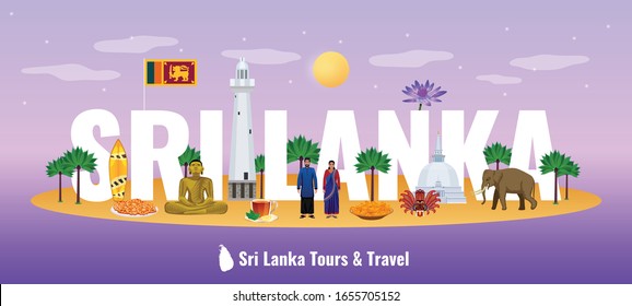 Sri lanka large letters title header horizontal gradient background banner  with tourists attractions national food vector illustration 