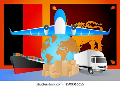 Sri Lanka logistics concept illustration. National flag of Sri Lanka from the back of globe, airplane, truck and cargo container ship