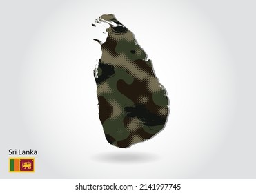 sri lanka map with camouflage pattern, Forest - green texture in map. Military concept for army, soldier and war. coat of arms, flag.