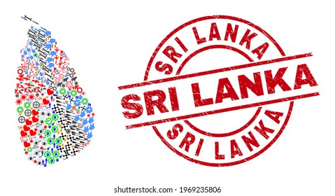 Sri Lanka map collage and unclean Sri Lanka red round stamp print. Sri Lanka stamp uses vector lines and arcs. Sri Lanka map mosaic contains gears, homes, lamps, bugs, stars, and more icons.
