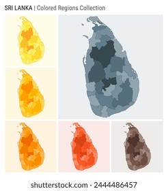 Sri Lanka map collection. Country shape with colored regions. Blue Grey, Yellow, Amber, Orange, Deep Orange, Brown color palettes. Border of Sri Lanka with provinces for your infographic.