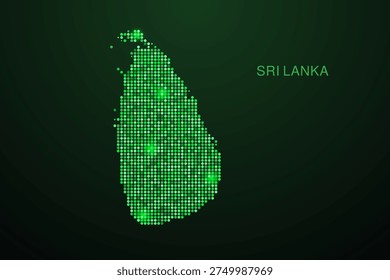 Sri Lanka Map - Digital dotted map with glowing green points on dark background, modern technology style, abstract data network design, clean minimal geometric vector illustration.