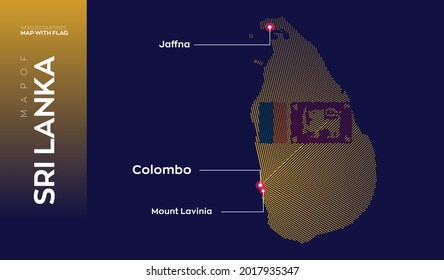Mapa de Sri Lanka con infografía de la bandera. Mapa de vector abstracto de Sri Lanka con la capital y las principales ciudades. Mapa de la composición de puntos en el fondo oscuro.
