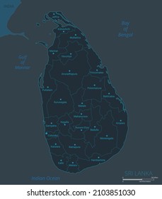 Sri Lanka map. High detailed map of Sri Lanka with countries, borders, cities, water objects. Vector illustration eps10