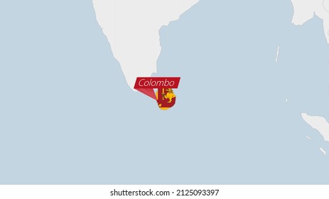 Sri Lanka map highlighted in Sri Lanka flag colors and pin of country capital Colombo, map with neighboring Asian countries.