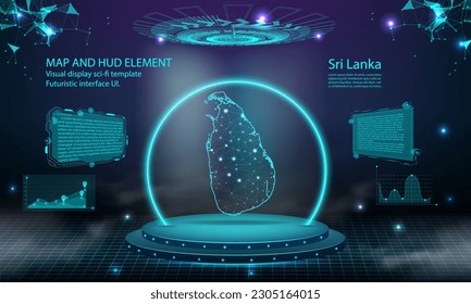 sri Lanka map light connecting effect background. abstract digital technology UI, GUI, futuristic HUD Virtual Interface with sri Lanka map. Stage futuristic podium in fog.