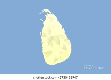 Mapa de Sri Lanka en estilo de Vector de polígono bajo, ilustración de forma geométrica con tonos amarillos suaves sobre fondo azul, silueta limpia para infografía.