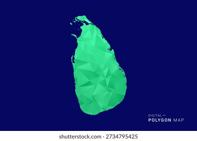 Mapa de Sri Lanka: Vector de polígono bajo, silueta triangulada geométrica en tonos verdes y azules, estilo moderno limpio, fondo aislado para uso infográfico.