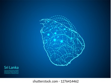 sri Lanka map with nodes linked by lines. concept of global communication and business. Dark sri Lanka map created from white dots with travel locations or internet connection.