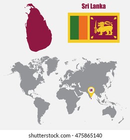 Sri Lanka map on a world map with flag and map pointer. Vector illustration