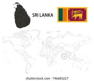 Sri Lanka map on a world map with flag on white background.